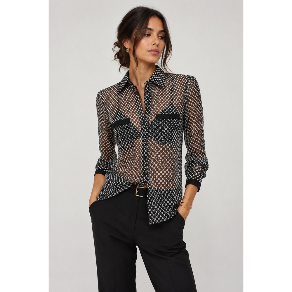 VTG Y2K 90s Emporio Armani Sheer Silk Polka Dot Blouse Black White Sz 2 Elegant